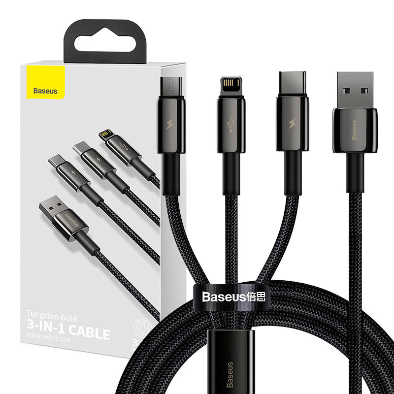 Baseus Tungsten Gold 3-i-1 Hurtigladekabel 1.5m Sort