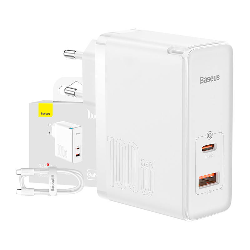 Baseus Vegglader GaN USB-C+USB 100W Hvit