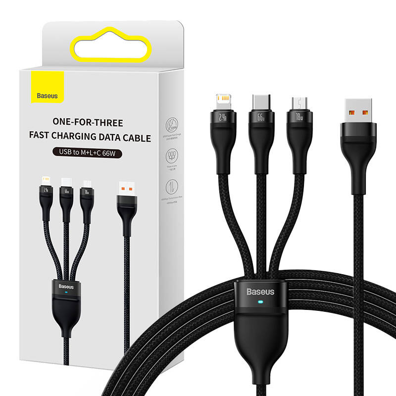 Baseus 3i1 USB Flash II Series 66W 1.2m Sort