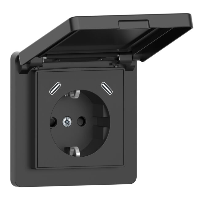NP Innfelt Enkel Stikkontakt IP44 Jord 2 x USB C Sort