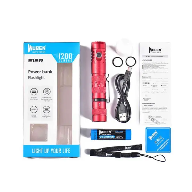 Wuben E12R PowerBank Lommelykt Rød - 1200 Lumen_1