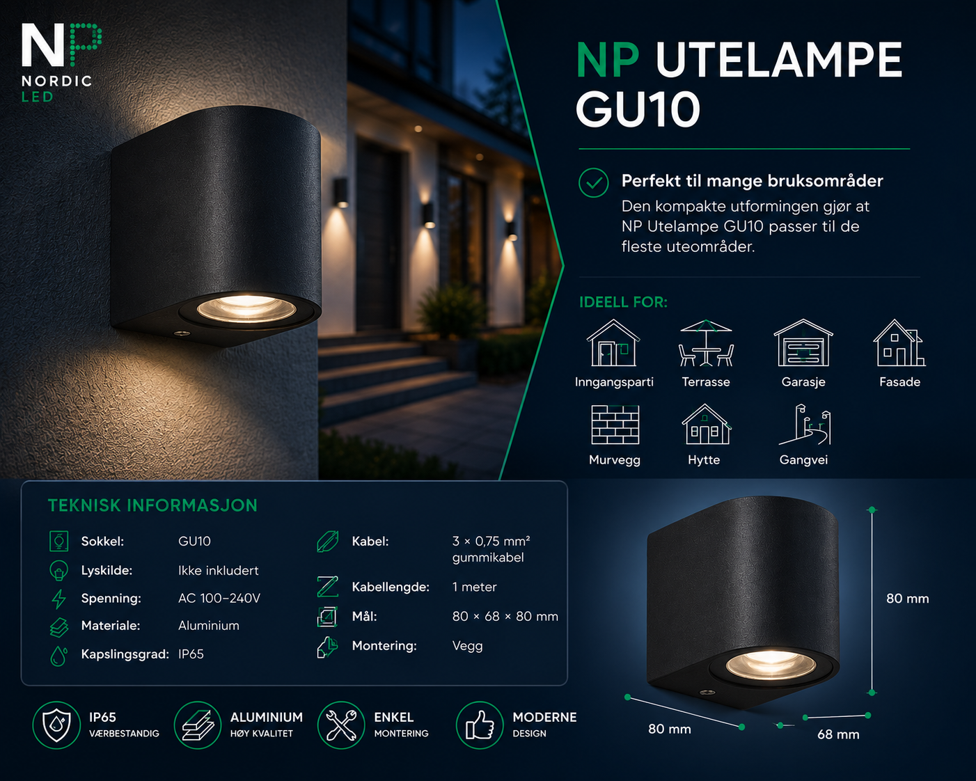 NP Utelampe GU10 IP65 – Moderne vegglampe i aluminium