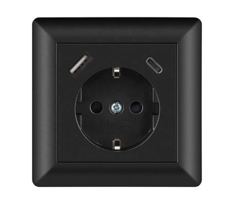 NP Innfelt Enkel Stikkontakt USB A+C Sort Jord