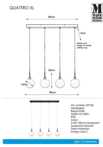 Quattro XL Taklampe 4L Sort Hvit 3