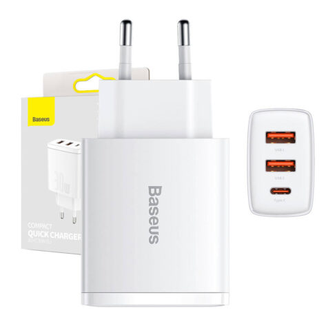 Baseus Compact hurtiglader 30W USB-C PD 2xUSB Hvit