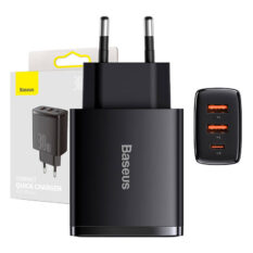 Baseus Compact 2U+C Vegglader USB-C 2xUSB-A 30W Sort