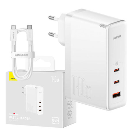 Baseus Hurtiglader 140W GaN5 Pro 2xUSB-C+USB Hvit