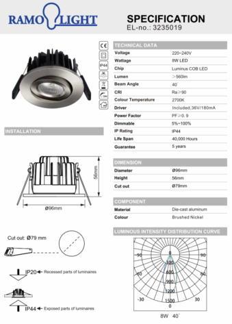 R-Line Justerbar Spot Børstet Stål 8W 2700K IP44